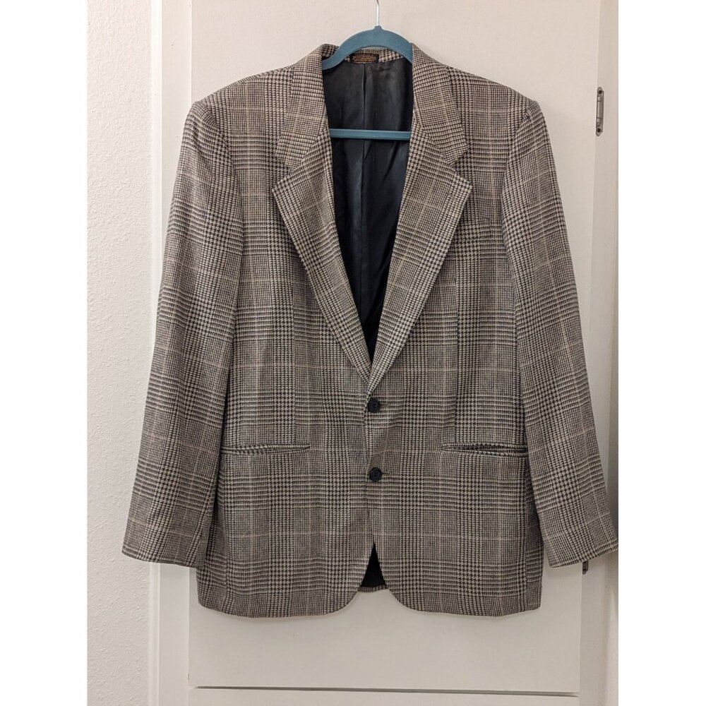 Oscar De La Renta Hand Tailored Tan & Navy Glen Plaid Blazer 2-Button Mens Size